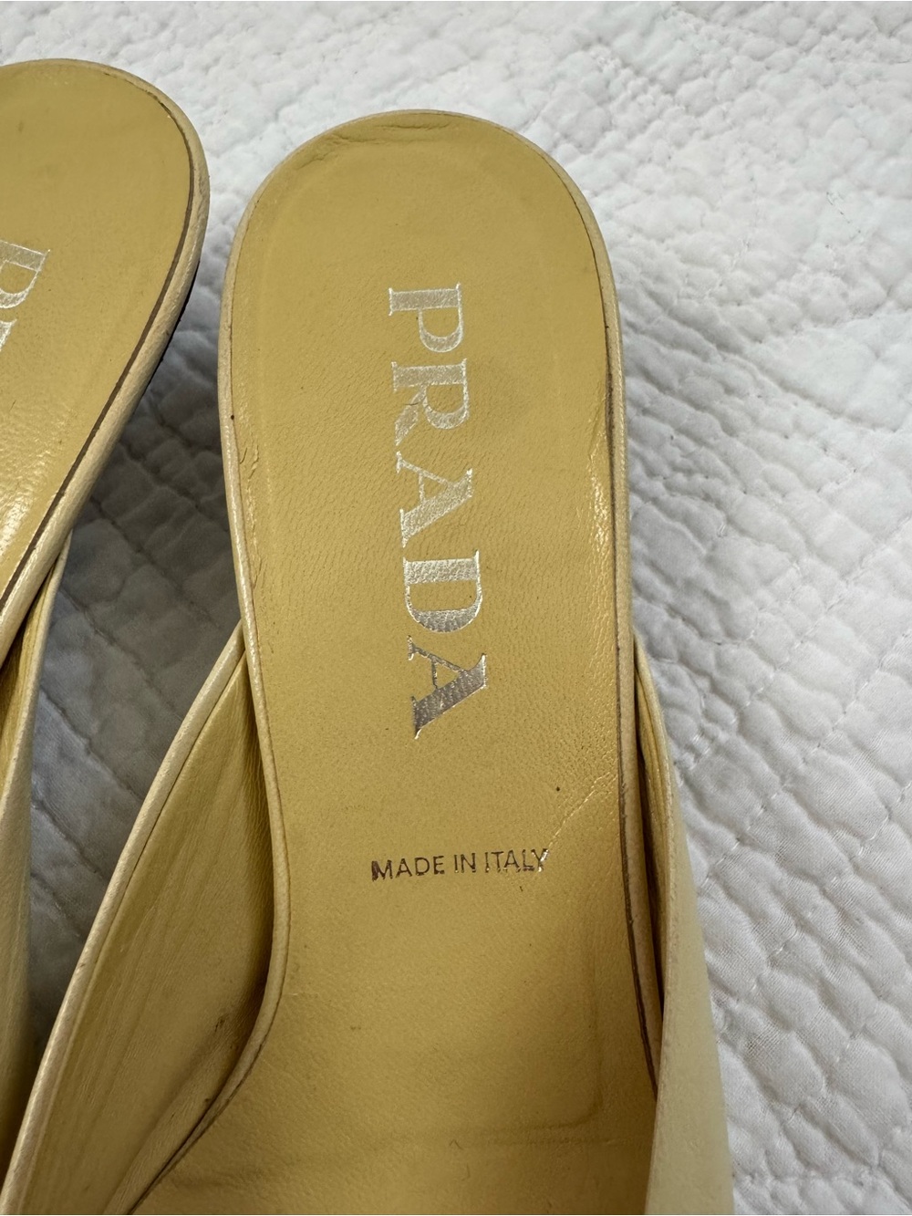 Prada Leather Yellow Low-Heel Mules with Gold Eyelet Accents, Size 37.5/US 7.5 - Picture 9 of 12